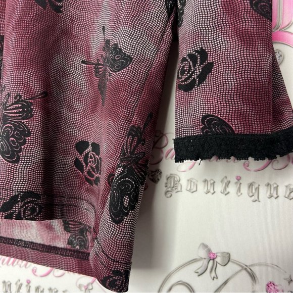 Butterfly roses shirt stretchy y2k lace trim black and red goth punk fairy y2k - Picture 3 of 7